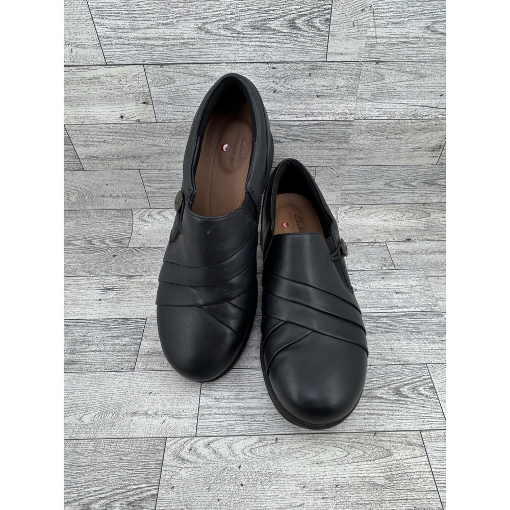 Clarks Unstructured Un Adorn Lo Black Leather Ruched Slip On‎ Loafers Women 7.5M